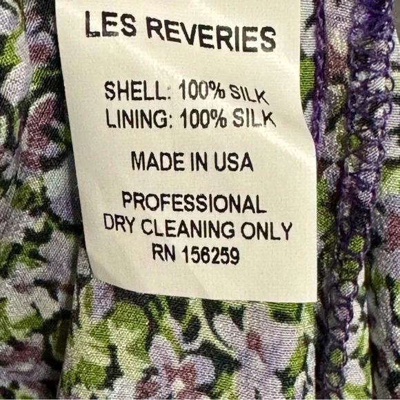 Les Reveries Ruffle Picnic Mini Floral 100% Silk Dress in Ditsy Purple Pansies - Picture 12 of 12